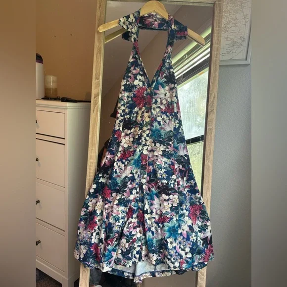 Guess Los Angeles Sleeveless Aline Halter Floral Print Dress Large W/ Collar - Picture 2 of 6